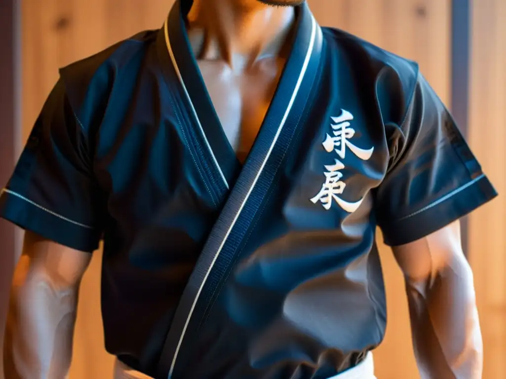 Detalle de gi negro con kanji japonés, cinta blanca en manos y dojo tradicional