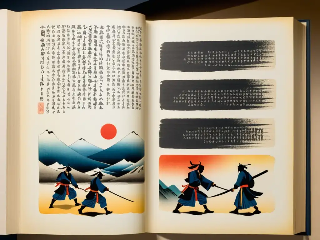 Detalle de página de 'Hagakure: El Camino del Samurái' con caligrafía e ilustraciones japonesas, iluminación suave y pasaje sobre estrategia samurái