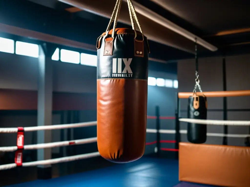 Detalle de saco de boxeo de cuero resistente en gimnasio profesional, con boxeador determinado lanzando potente golpe