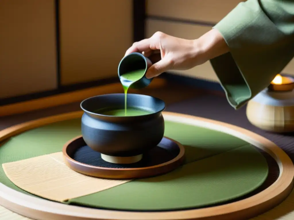 Detalle de una serena Ceremonia del Té y Aikido Japonesas en una habitación de tatami, con movimientos precisos y delicados