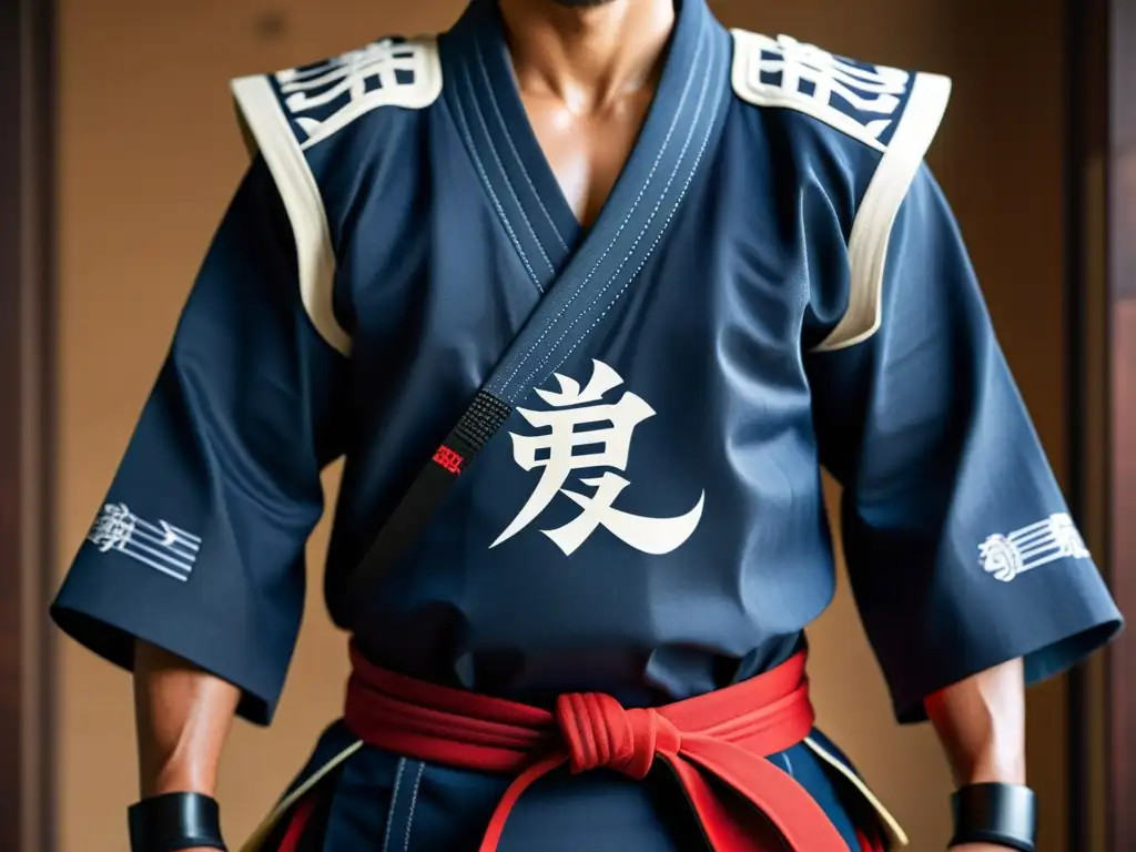 Detalle de la textura y diseño de la ropa de entrenamiento de samurái moderna, transmitiendo disciplina, fuerza y tradición japonesa