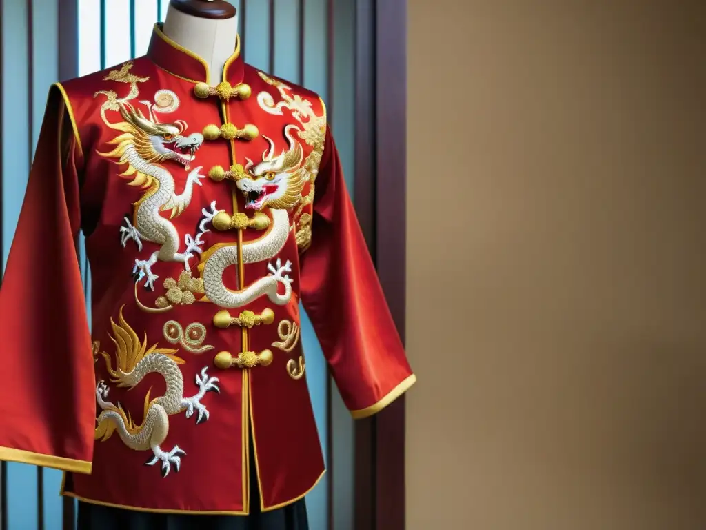 Detalle de un uniforme de Kung Fu chino con bordados de dragón y fénix en colores rojo y dorado, mostrando la artesanía y la importancia cultural