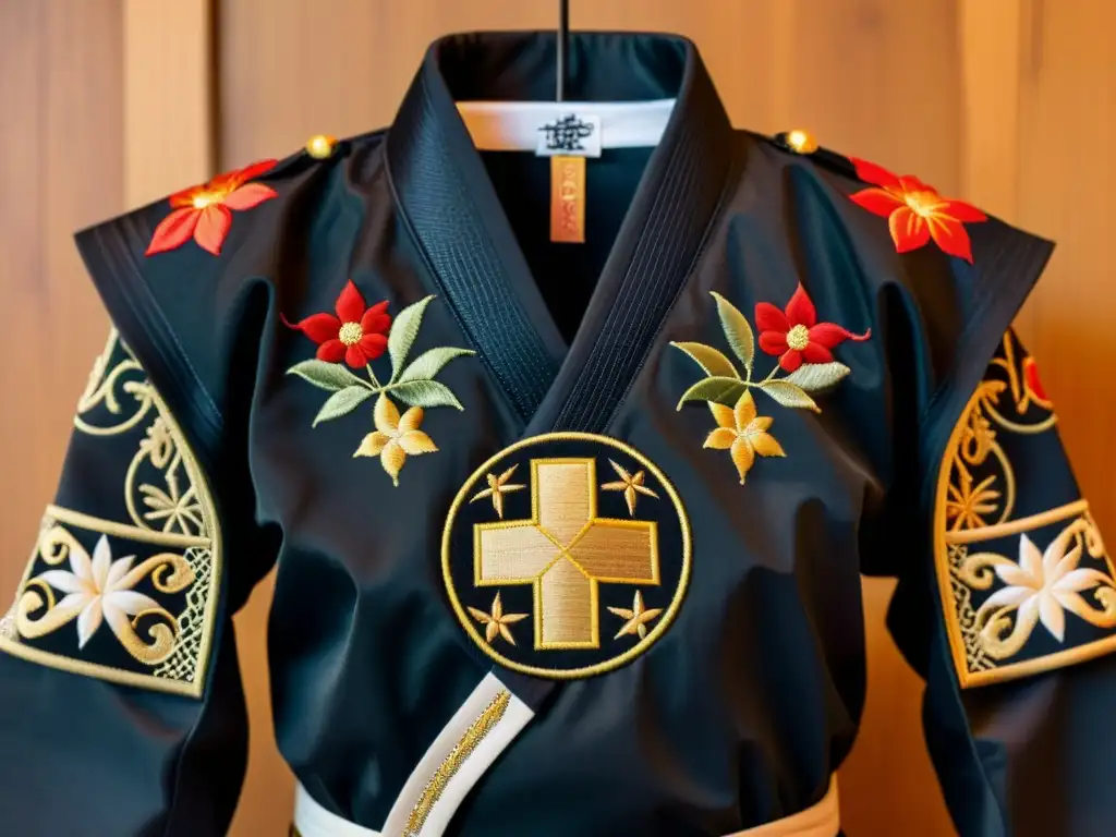 Detalle del uniforme negro de artes marciales con parches y bordados tradicionales, destacando la artesanía y personalización en la ropa marcial