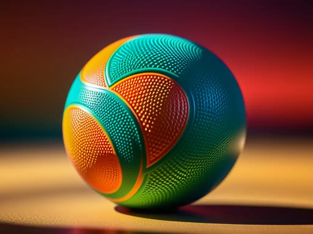 Detalle vibrante de una pelota de reacción de alta calidad para luchadores, con patrones y colores intrincados resaltados por la luz