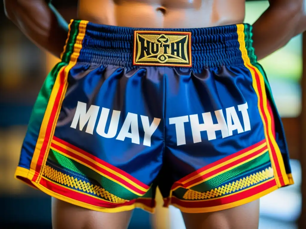 Detalles artesanales en los mejores shorts de Muay Thai tradicional, con patrones vibrantes y técnica meticulosa, evocando autenticidad y tradición