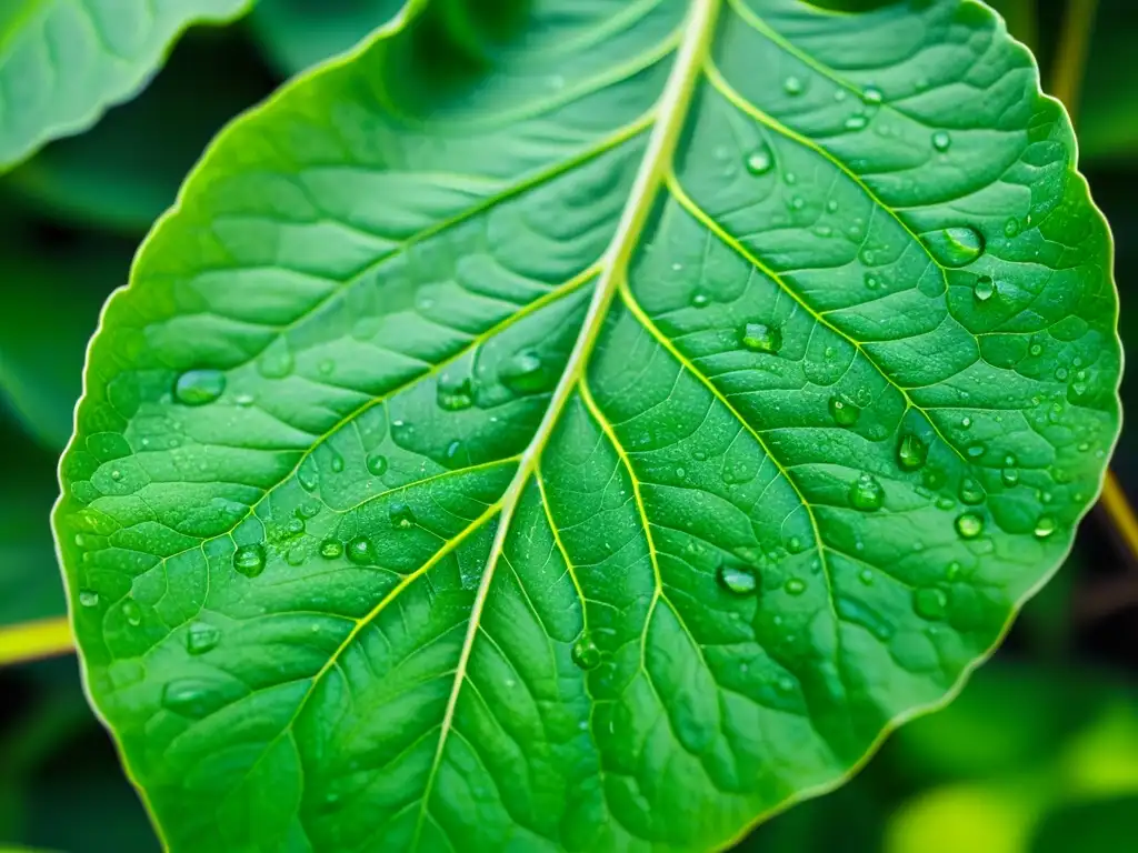 Detalles asombrosos de una hoja de espinaca rica en hierro, con intrincadas venas verdes y frescas gotas de agua