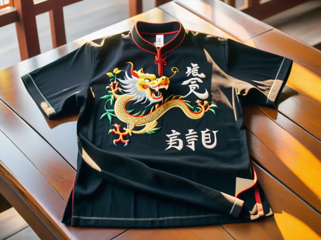 Detalles bordados en camiseta kung fu, con motivos de dragones y caligrafía china, resaltados por la luz solar