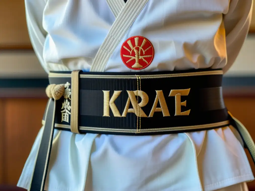 Detalles del cinturón de karate japonés, con bordados de kanji y símbolos representando los niveles