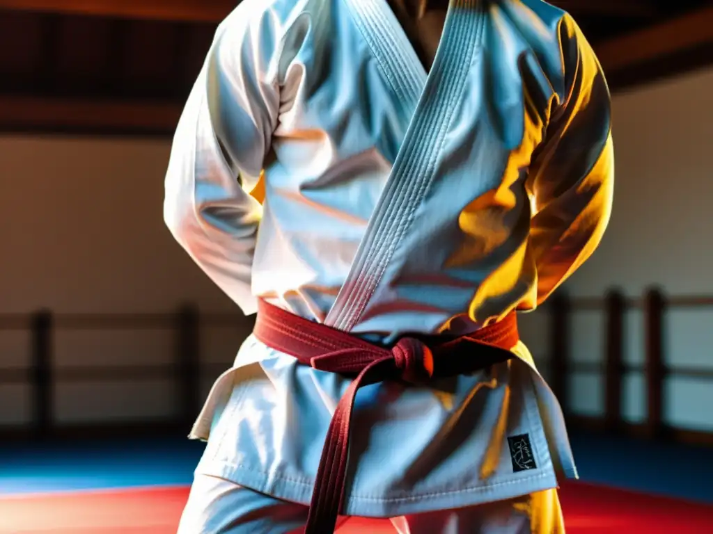 Un gi blanco tradicional de karate con detalles de costura, un artista marcial practicando kata y una atmósfera cálida y tradicional