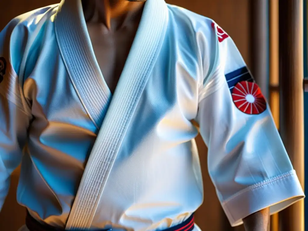 Detalles excepcionales del kimono de judo, destacando la textura y costuras