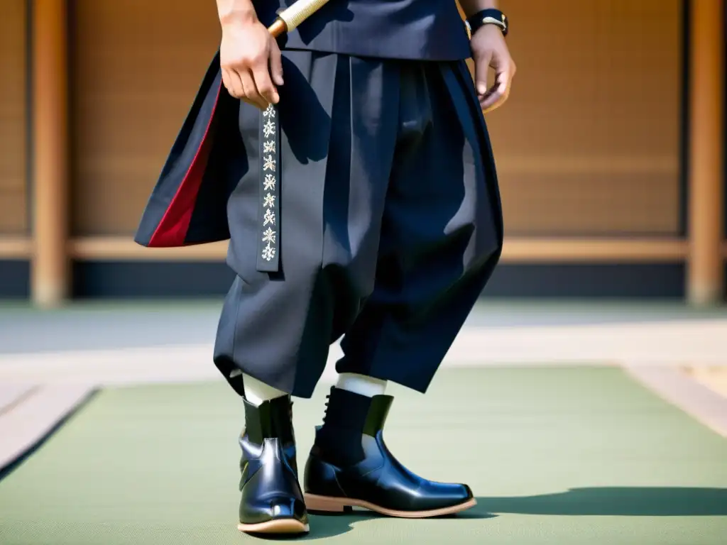 Detalles intrincados de la ropa de entrenamiento de samurái moderna, resaltando la artesanía y la elegancia de los hakama, gi y botas tabi