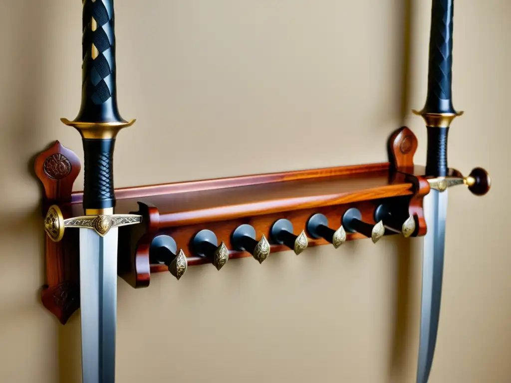 Detalles de soportes de pared para espadas con elegante tallado en madera y metal, reflejando artesanía y tradición