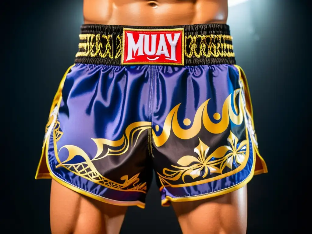 Detalles vibrantes de los mejores shorts Muay Thai competencia resaltan contra fondo oscuro, con diseño tailandés tradicional