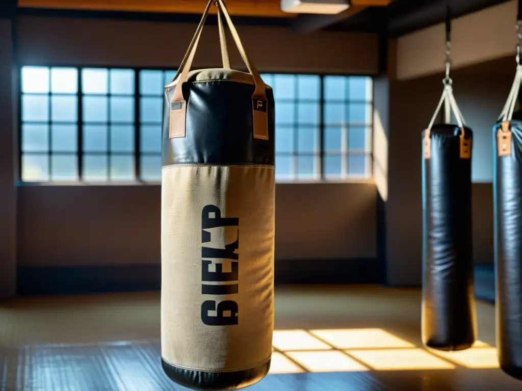 Detrás de un ligero velo de luz, un saco de arena para entrenamiento muestra la huella del esfuerzo y la dedicación en un estudio de artes marciales