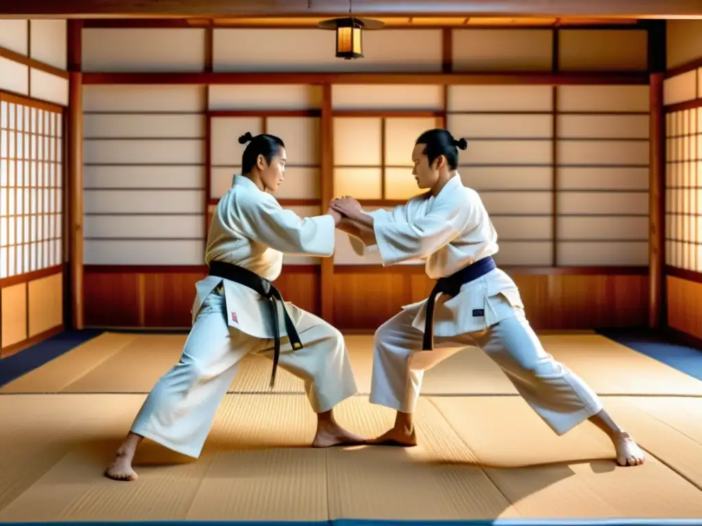 Diferencias entre Aikido y Judo: Ilustración digital detallada de dos artistas marciales realizando técnicas fluidas en un dojo japonés tradicional