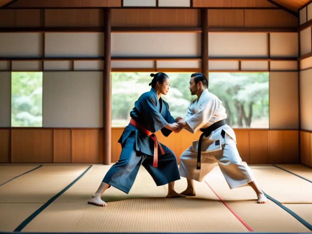 Diferencias entre Aikido y Judo: Imagen de un dojo sereno con luz natural, practicantes de judo y aikido en un respetuoso combate, mostrando las técnicas contrastantes de ambas disciplinas