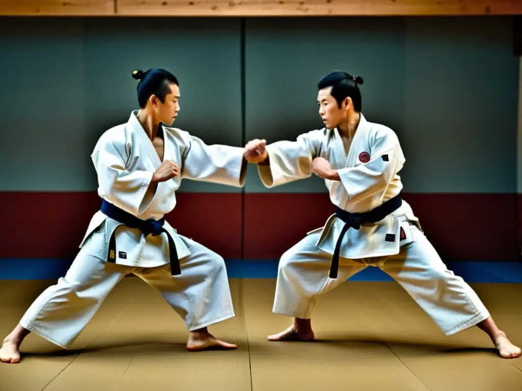 Diferencias entre Aikido y Judo: Comparación visual de prácticas en dojo tradicional, destacando contrastes filosóficos y metodológicos