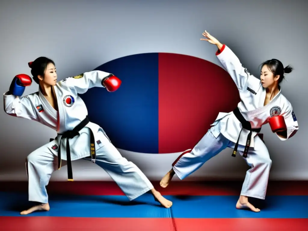 Diferencias en Taekwondo: comparación visual entre ITF y WTF, destacando estilos, uniformes y técnicas en un dojang tradicional