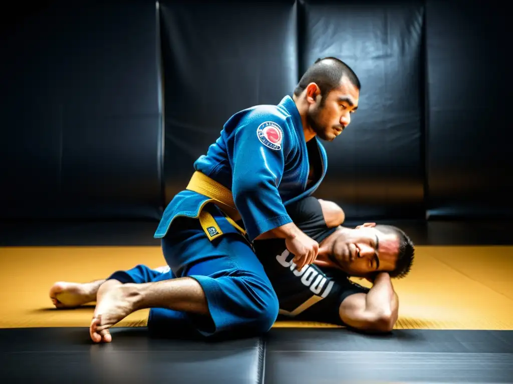 Diferencias técnicas JiuJitsu Brasileño: Intensa lucha entre practicantes de JiuJitsu, uno con gi y otro sin gi, reflejando pasión y destreza