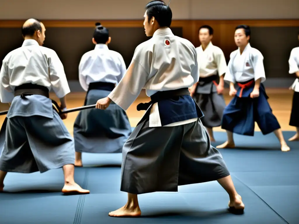 Práctica dinámica de aikido en Europa, destacando la disciplina y armonía en una escena auténtica de dojo