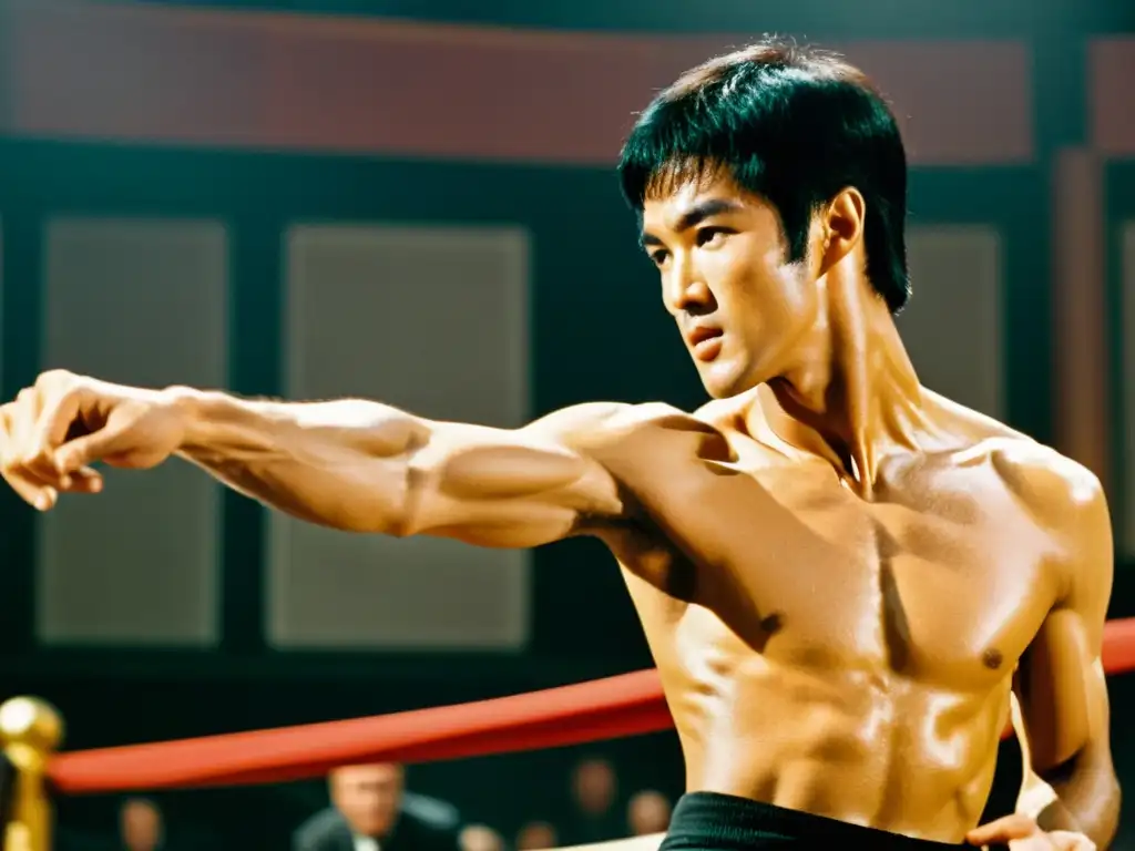 Bruce Lee ejecuta un dinámico movimiento de kung fu en un set de película clásica de Hollywood, rodeado de un equipo de filmación