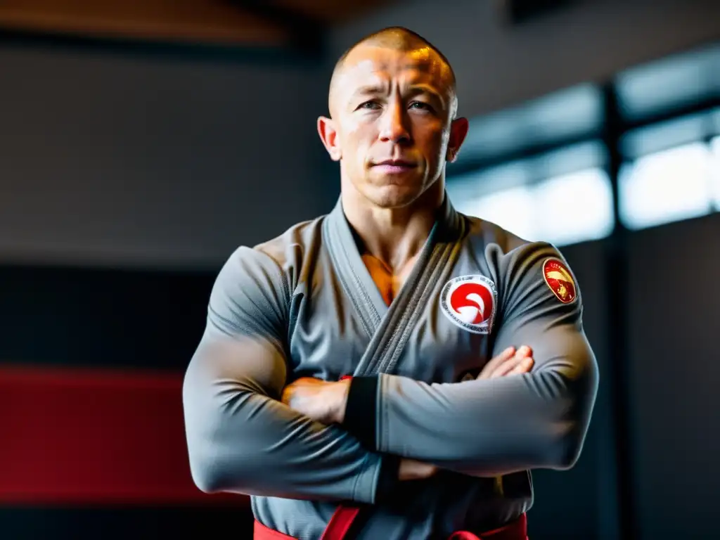 Georges St-Pierre muestra su disciplina y determinación en su filosofía de vida, rodeado de equipo de entrenamiento en un estudio de artes marciales