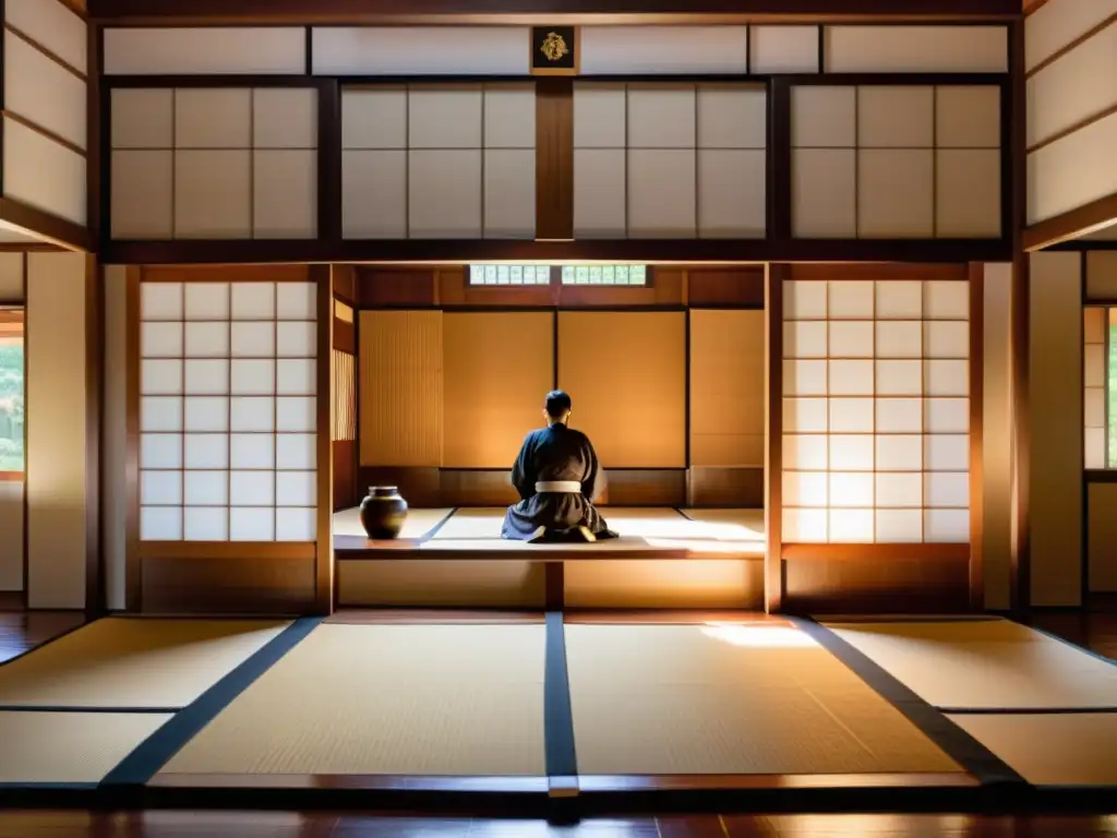 Práctica disciplinada del código Bushido en artes marciales en un dojo japonés tradicional con samuráis, caligrafía y un bonsái sereno