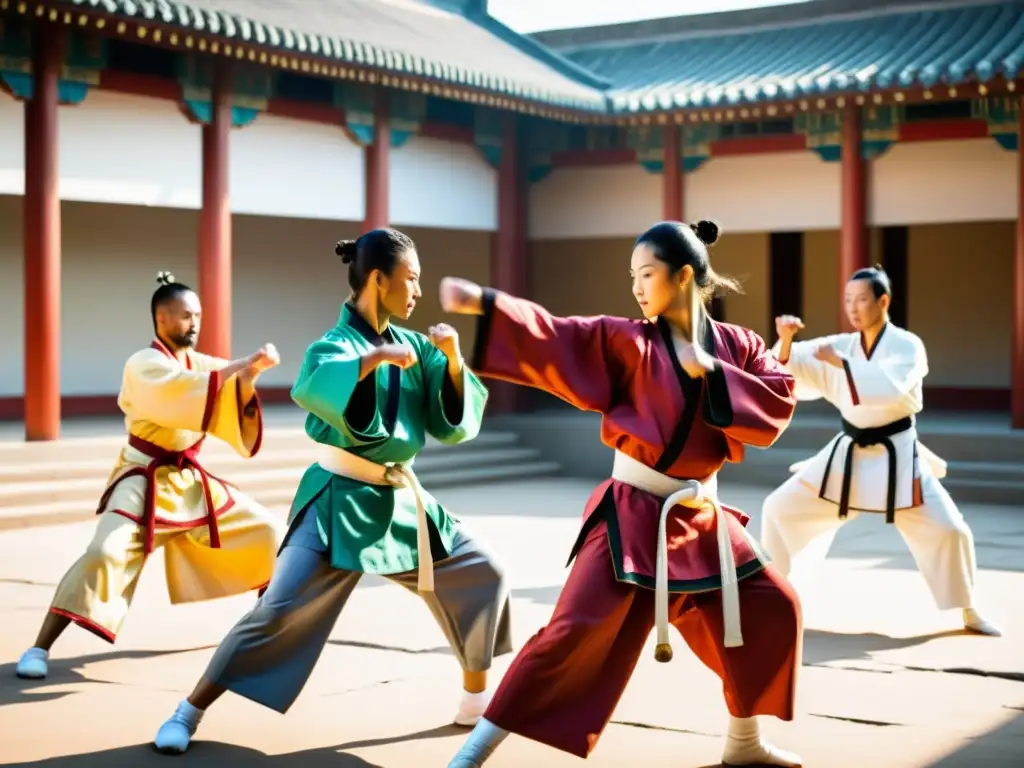 Diversidad cultural en artes marciales: Grupo diverso de artistas marciales practicando en un patio soleado, exhibiendo estilos y culturas únicas