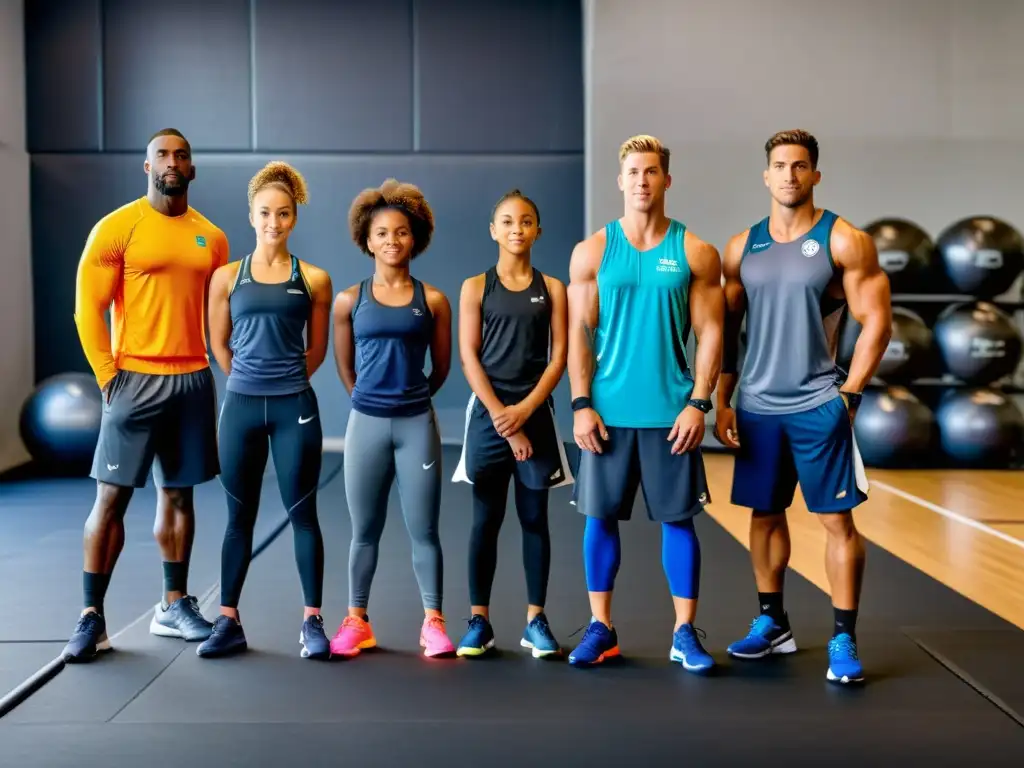 Un diverso grupo de atletas de distintas edades y niveles de habilidad, preparados para su sesión de entrenamiento en un gimnasio