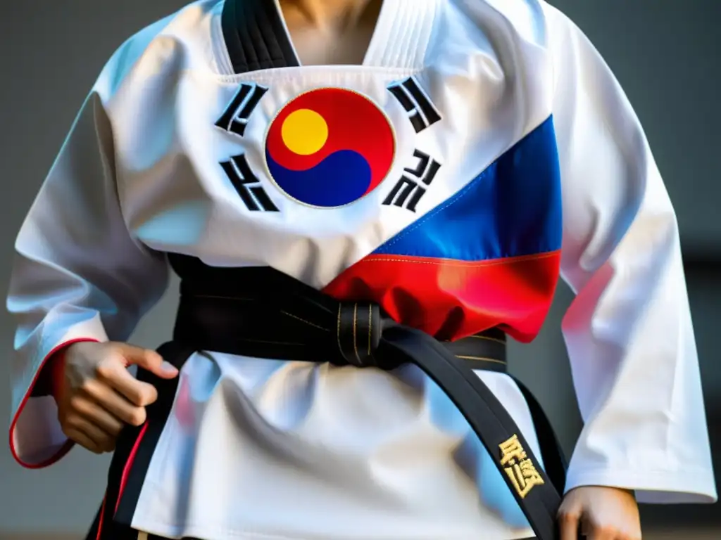 Un dobok adecuado para Taekwondo, con detalles bordados y textura destacada, en un dojang con estudiantes practicando