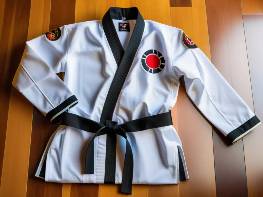 Un dobok adecuado para Taekwondo descansa sobre madera, con detalle en la costura y bordado