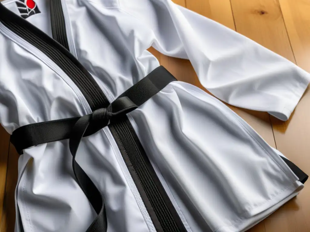 Un dobok de Taekwondo blanco impecablemente doblado, con un cinturón negro elegantemente colocado encima