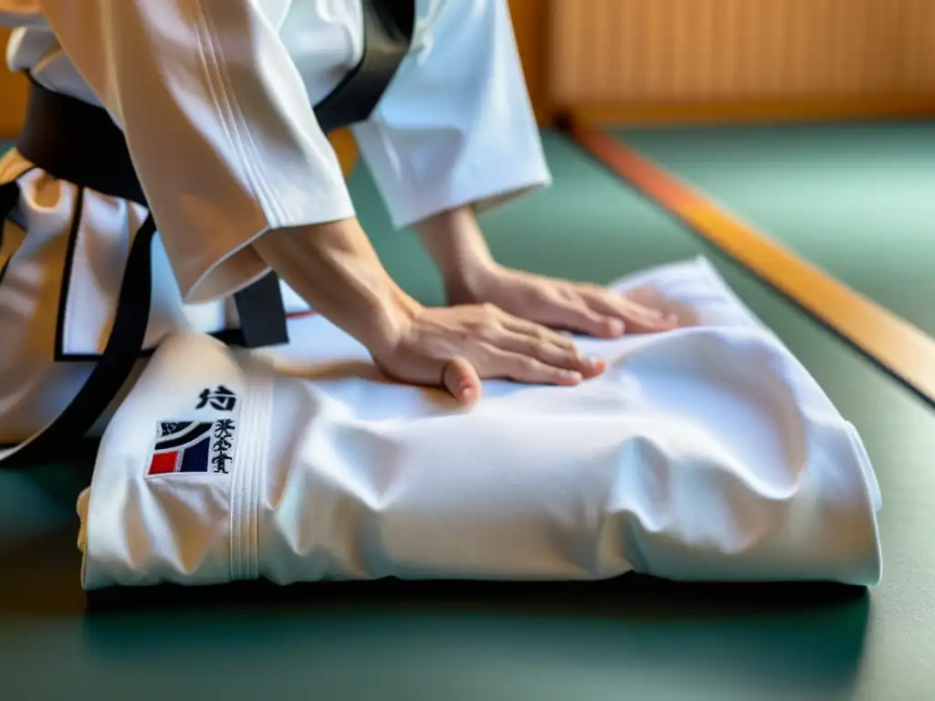 Un dobok Taekwondo blanco impecable se muestra en detalle, con una iluminación que resalta su textura y calidad