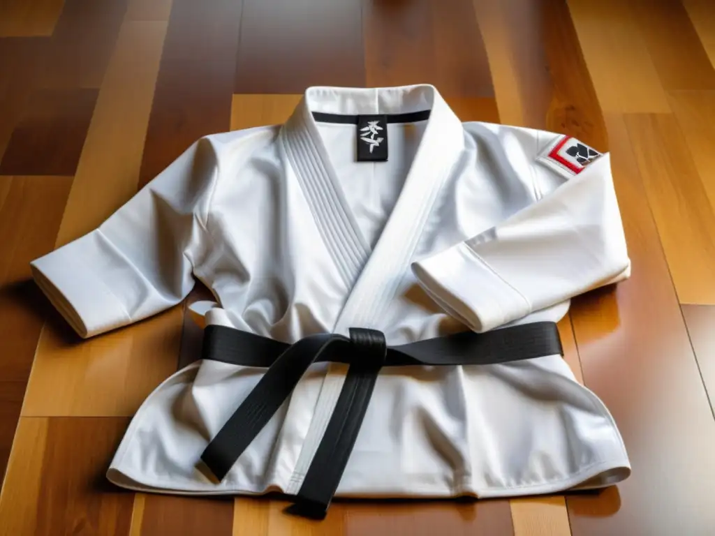 Un dobok de Taekwondo blanco y tradicional, con cinturones negro y blanco, exhibe la reverencia y tradición en la disciplina