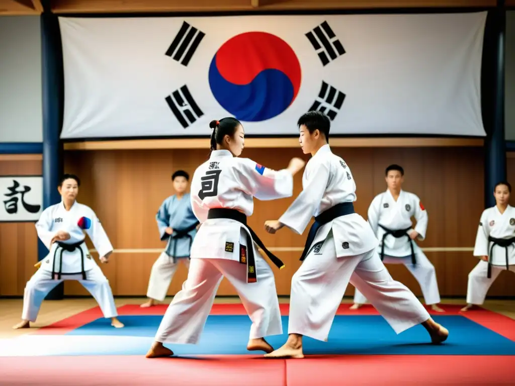 Un dojang de Taekwondo tradicional lleno de estudiantes practicando diversas formas y técnicas bajo la atenta mirada de un sabio gran maestro