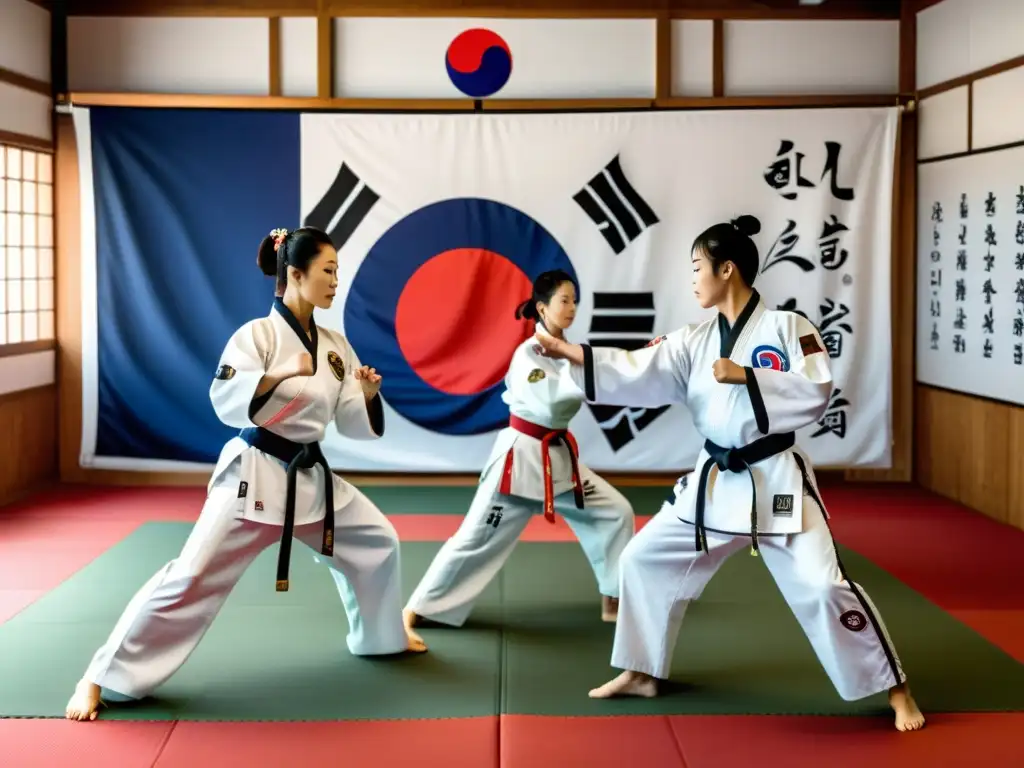 Un dojang de Taekwondo tradicional lleno de estudiantes practicando técnicas bajo la guía de un maestro