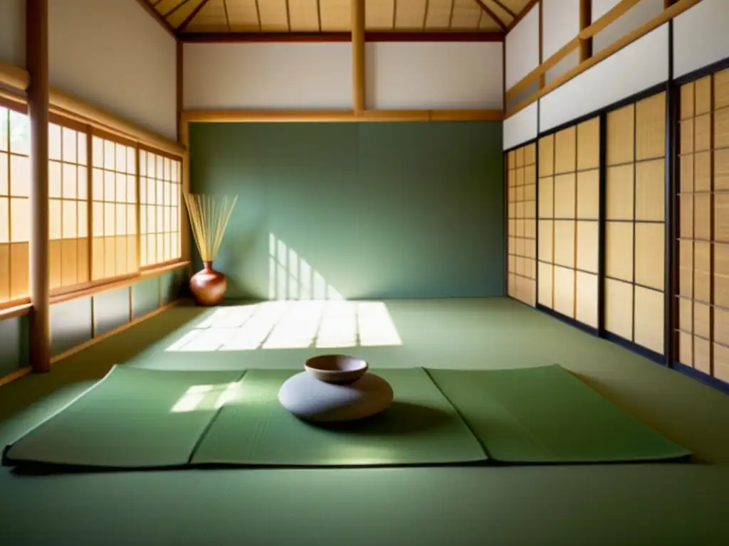 Un dojo de Aikido armonioso, con elementos naturales como bambú y agua, donde un practicante muestra la armonía y conexión con la naturaleza