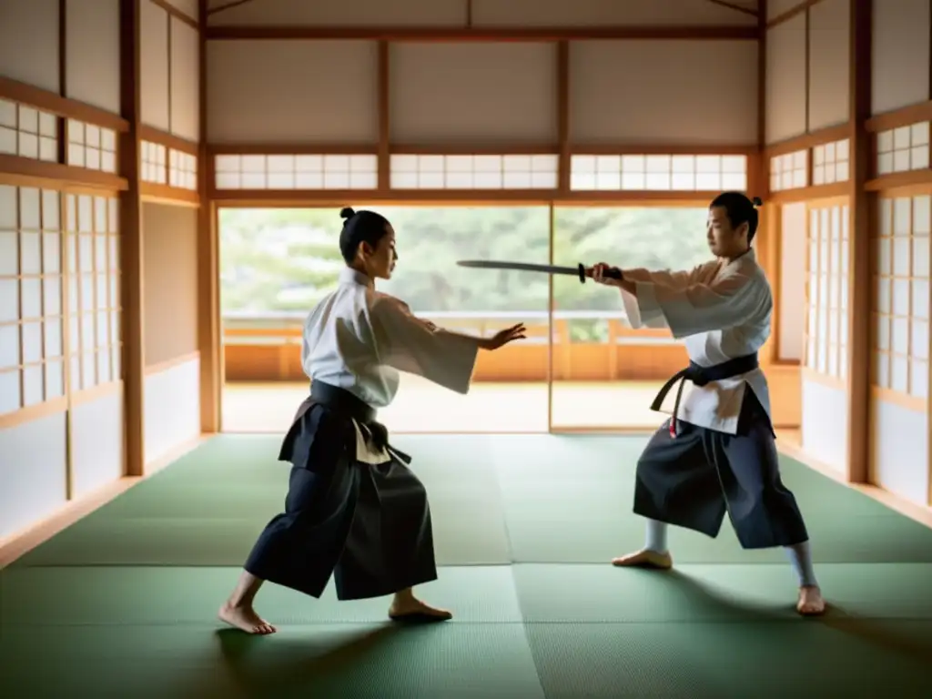 Un dojo de Aikido iluminado por la luz natural, donde el sensei guía a los estudiantes con armonía