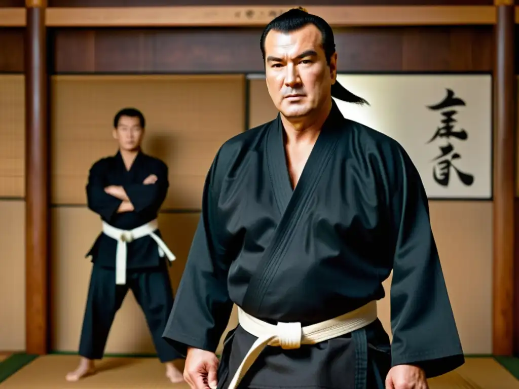 Steven Seagal en un dojo de Aikido, vistiendo un gi negro, demostrando una técnica precisa con determinación y serenidad