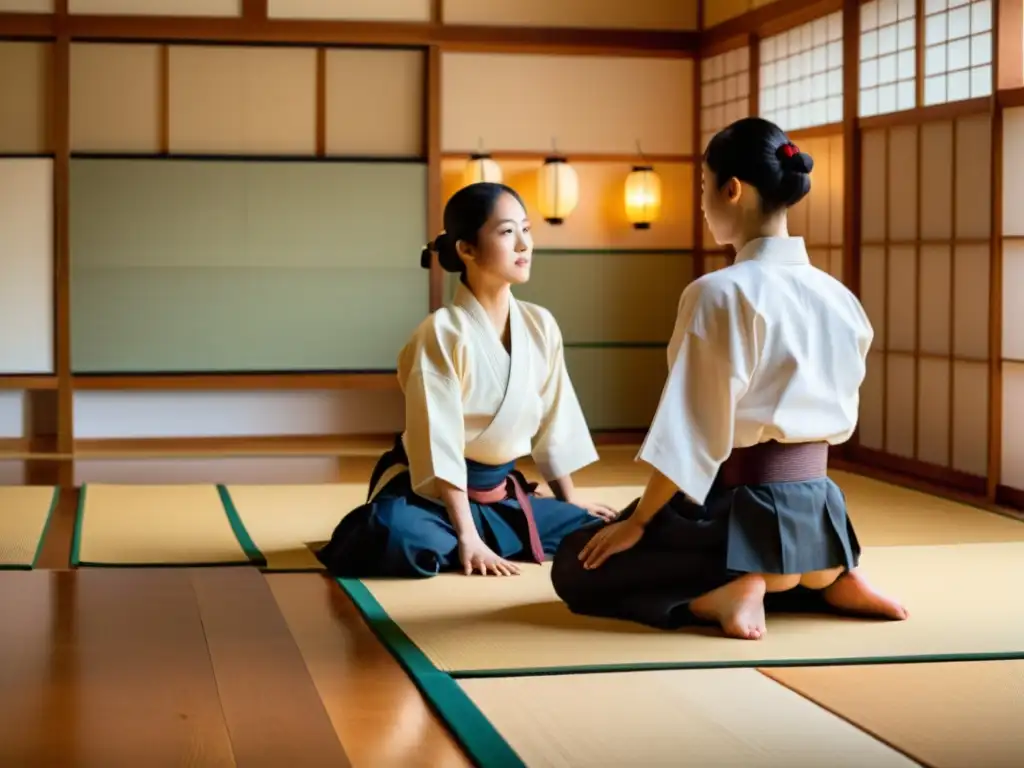 Un dojo de Aikido tradicional con estudiantes practicando técnicas bajo la guía del sensei