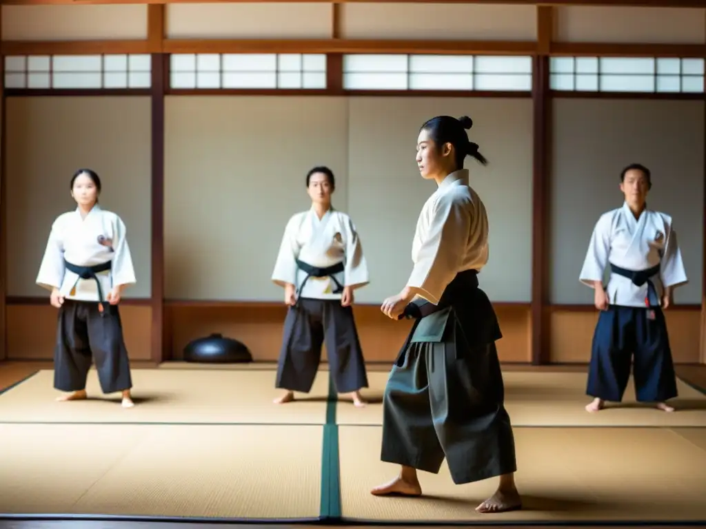 Un dojo de Aikido tradicional, iluminado por luz natural, con estudiantes practicando con su sensei