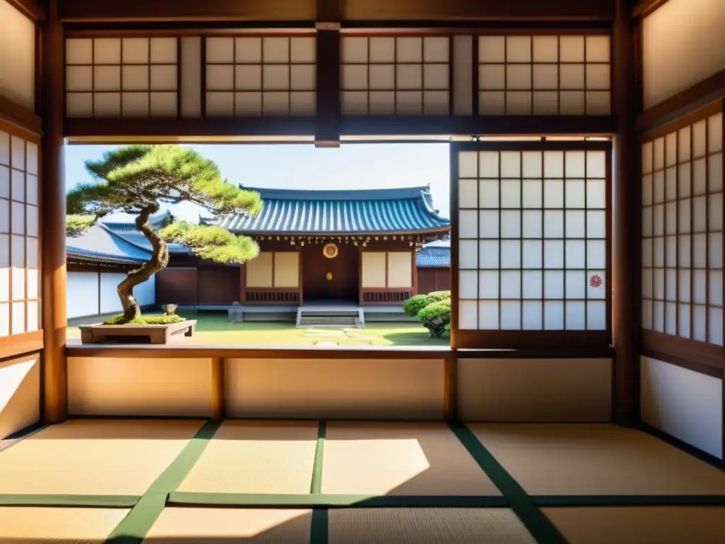 Un dojo de artes marciales con arquitectura japonesa tradicional, estudiantes practicando disciplinas, y una atmósfera de disciplina y dedicación