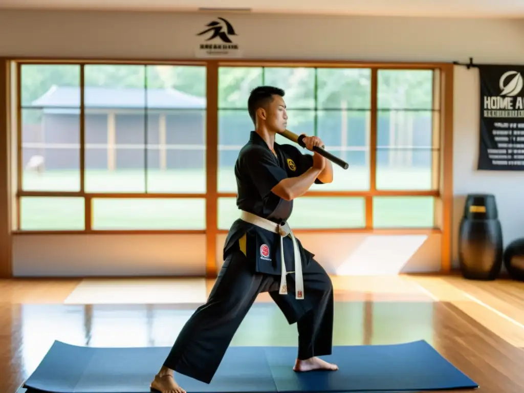 Un dojo de artes marciales en casa, con luz natural y un ambiente sereno