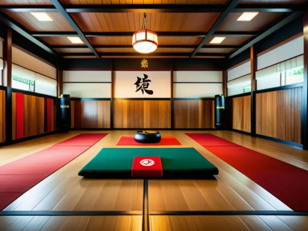 Un dojo de artes marciales en 8k, con detalles intrincados y practicantes concentrados en una sesión de combate