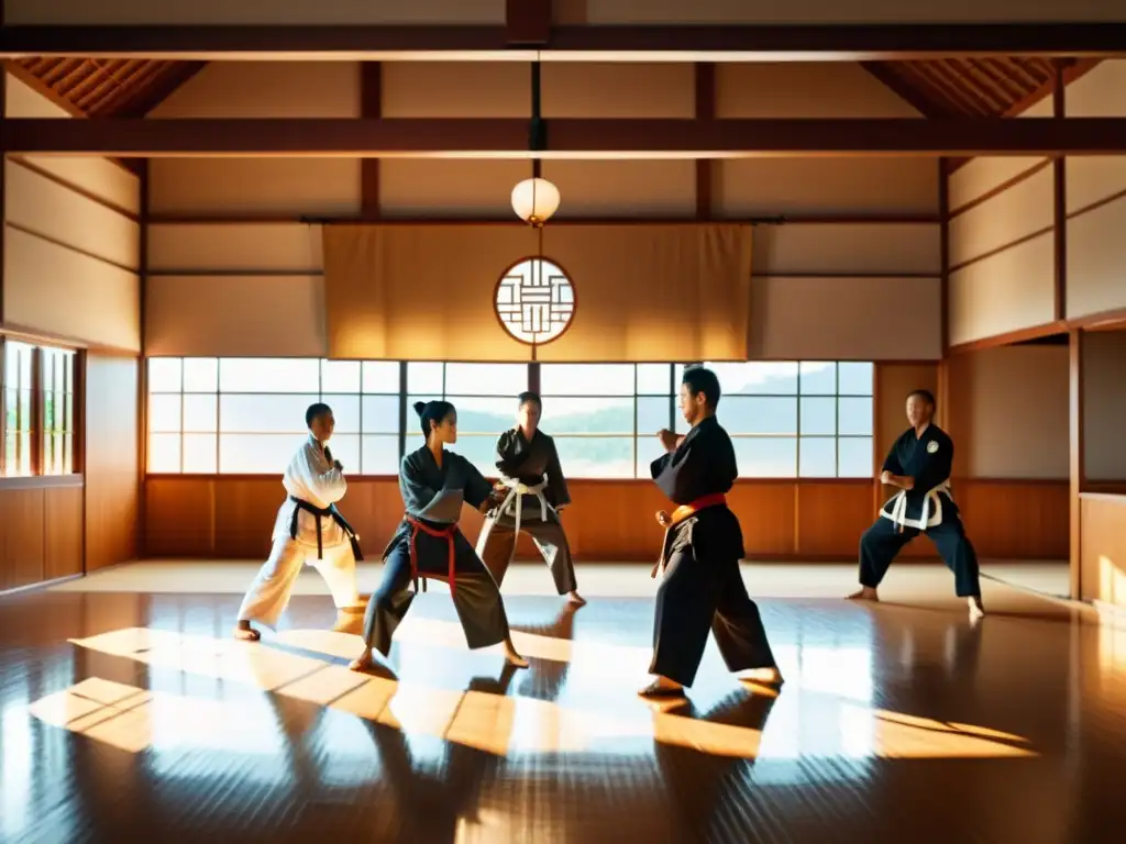 Un dojo de artes marciales con estudiantes practicando técnicas, bañado en cálida luz solar