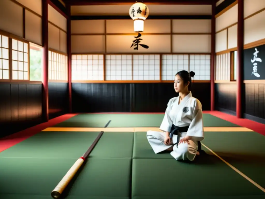 Un dojo de artes marciales con estudiantes y sensei practicando técnicas, decorado con elementos simbólicos