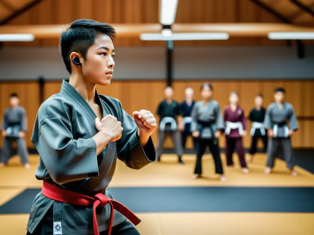 Un dojo de artes marciales con estudiantes dedicados usando dispositivos portátiles en entrenamiento marcial, fusionando tradición y tecnología