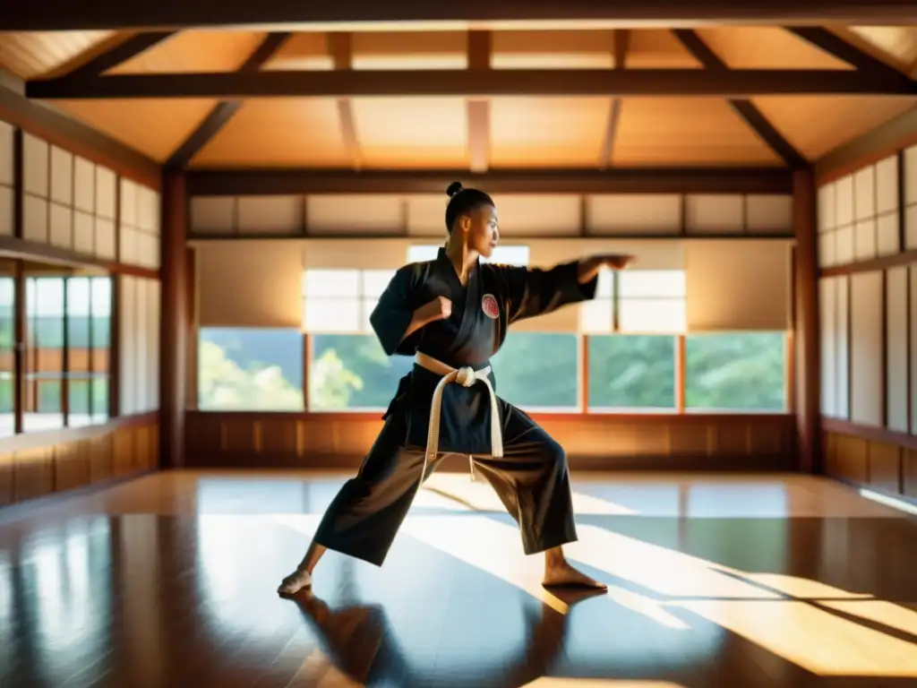 Un dojo de artes marciales iluminado por la luz natural, con un maestro demostrando una patada redonda