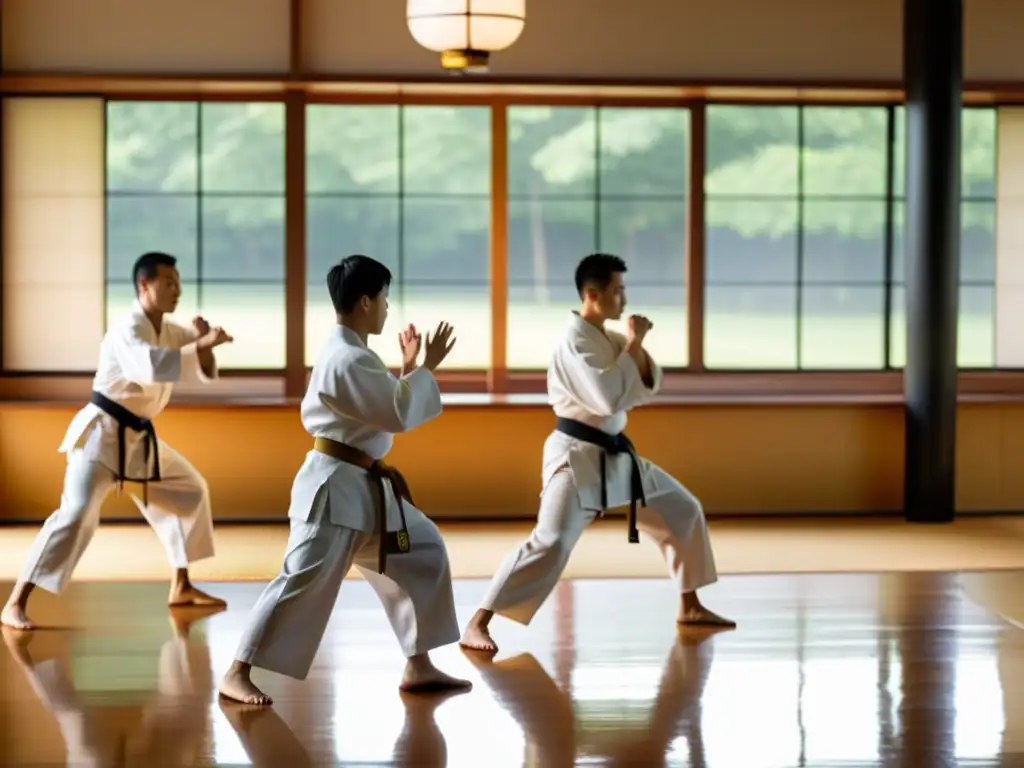 Un dojo de artes marciales iluminado por luz dorada, con estudiantes dedicados y un sensei compasivo