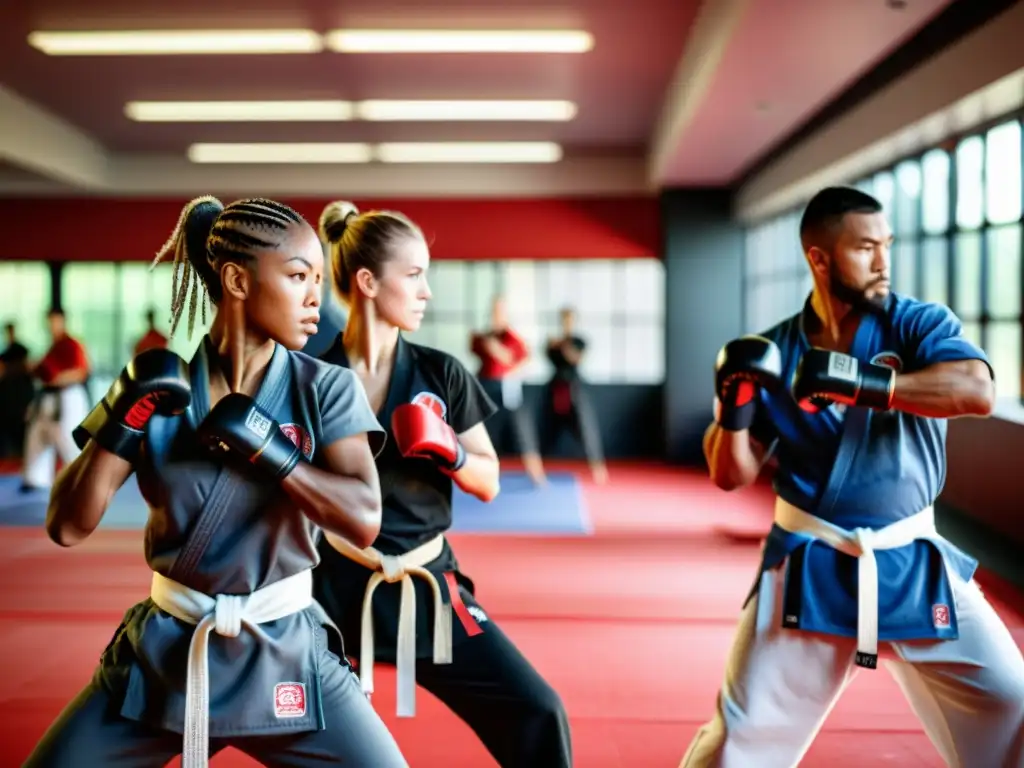 Un dojo de artes marciales iluminado naturalmente con artistas marciales en intenso entrenamiento cardiovascular